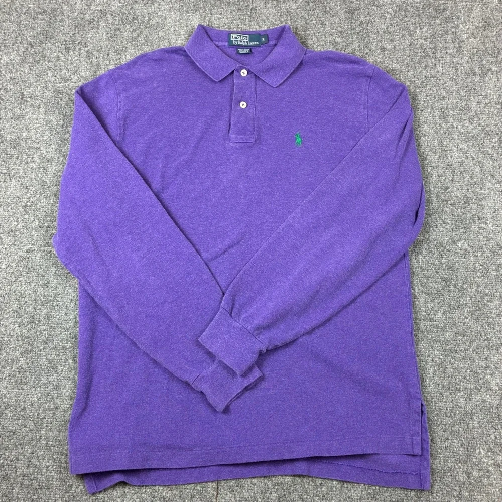 Polo Ralph Lauren Mens Purple Long Sleeve Pique Polo Shirt Green Pony Logo M